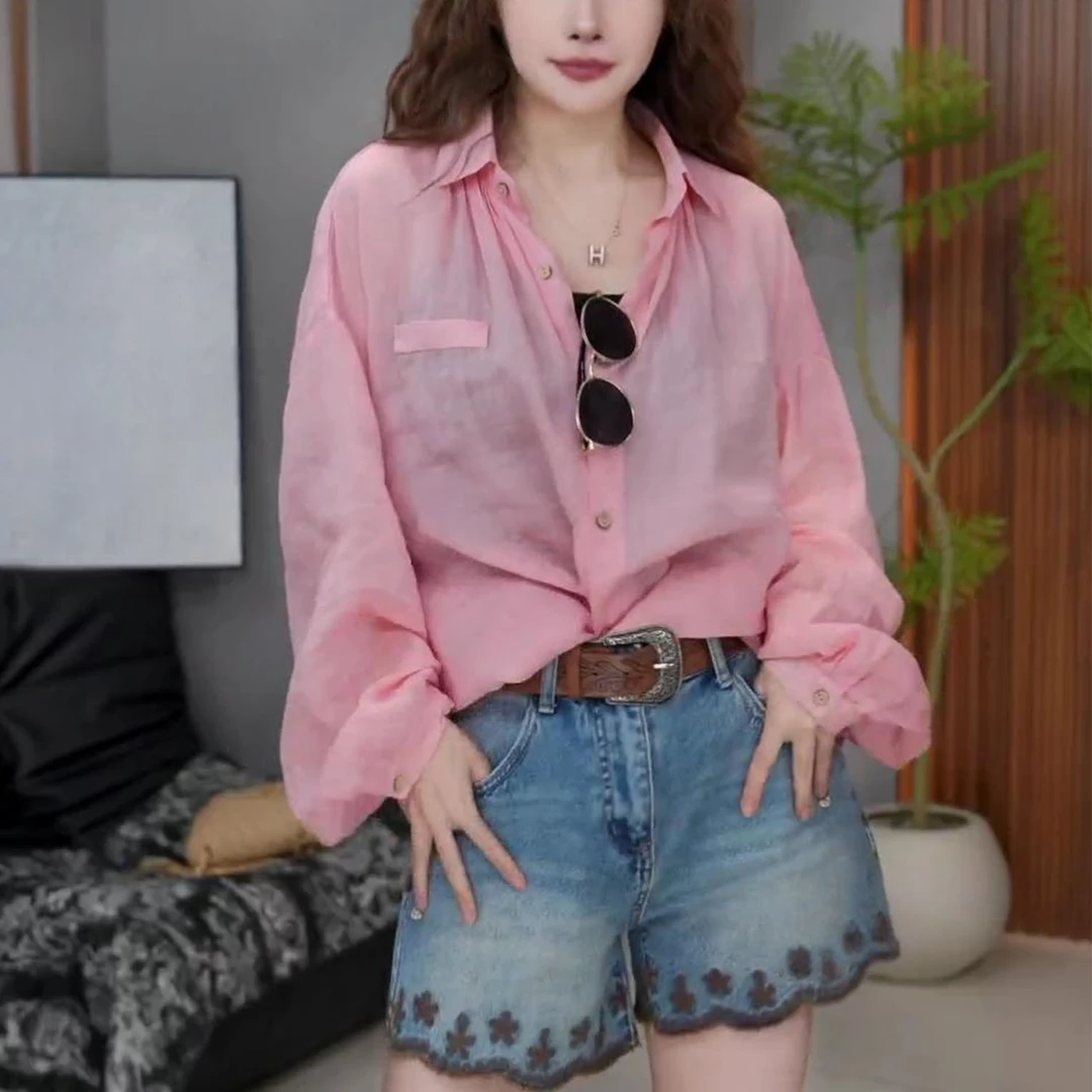 2025早秋新款时尚百搭高级感翻领衬衫女洋气宽松显瘦休闲防晒上衣