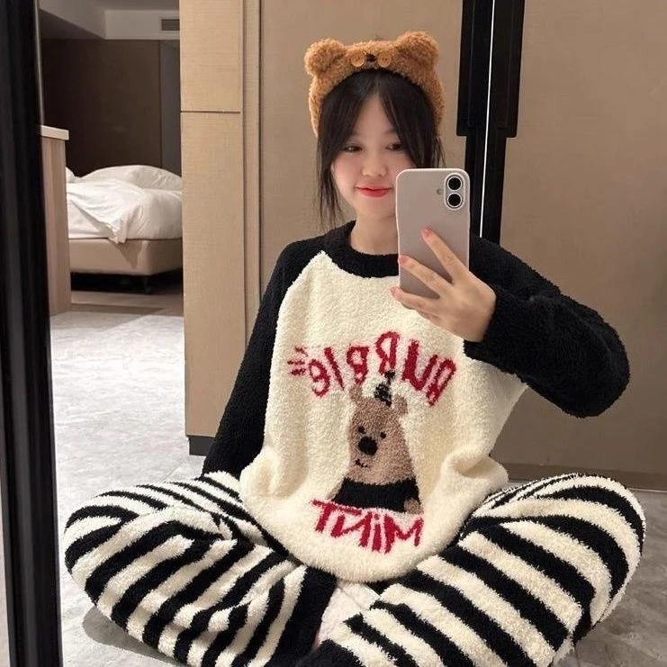 珊瑚绒睡衣女冬季网红ins可爱卡通小熊保暖半边绒少女家居服套装