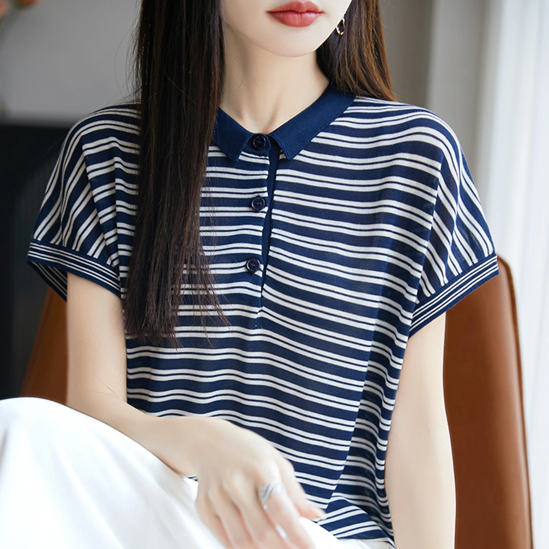 胖mm夏装大码冰丝针织衫女士polo领短袖t恤遮肚子巨显瘦条纹上衣