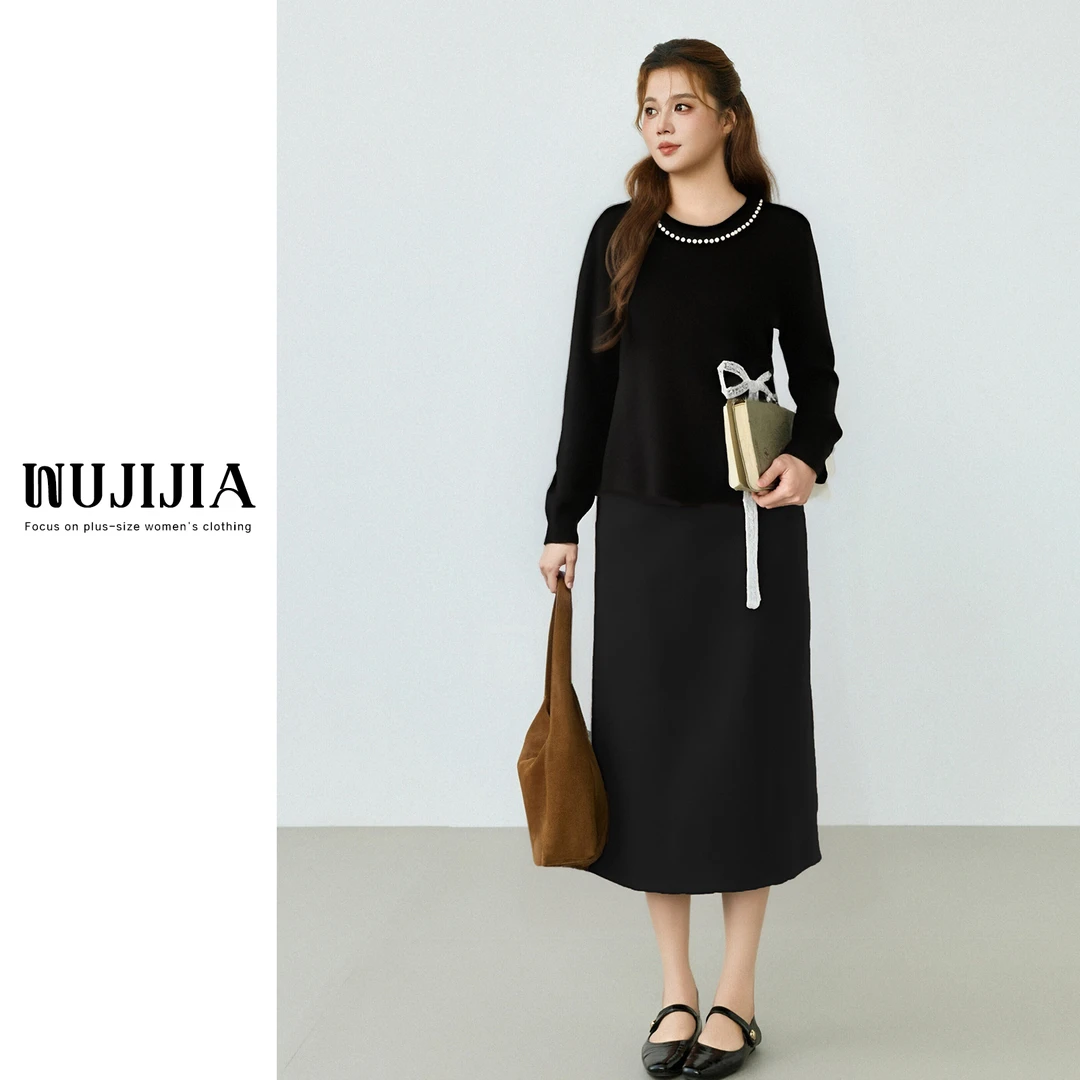 ZL112294黑色上衣+ZL110490黑色/咖色长半裙套装高贵新中式秋冬