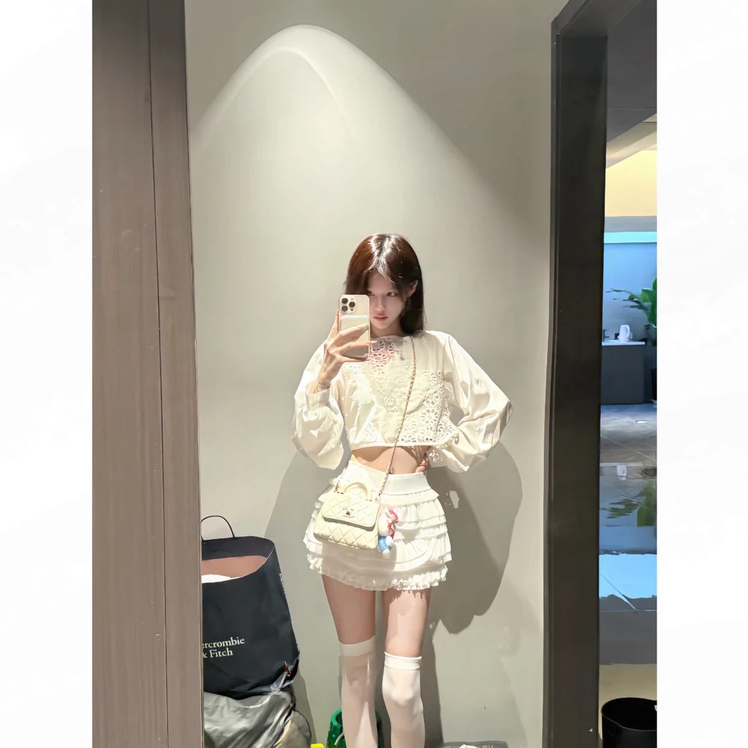 JUE美山茶花!定做小香镂空露背设计气质短上衣半裙套装女秋