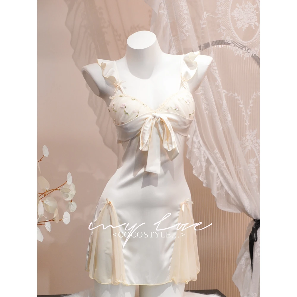【少女丽芙】蕾丝拼接绣花睡裙系带蝴蝶结睡衣女女款夏季吊带柔光