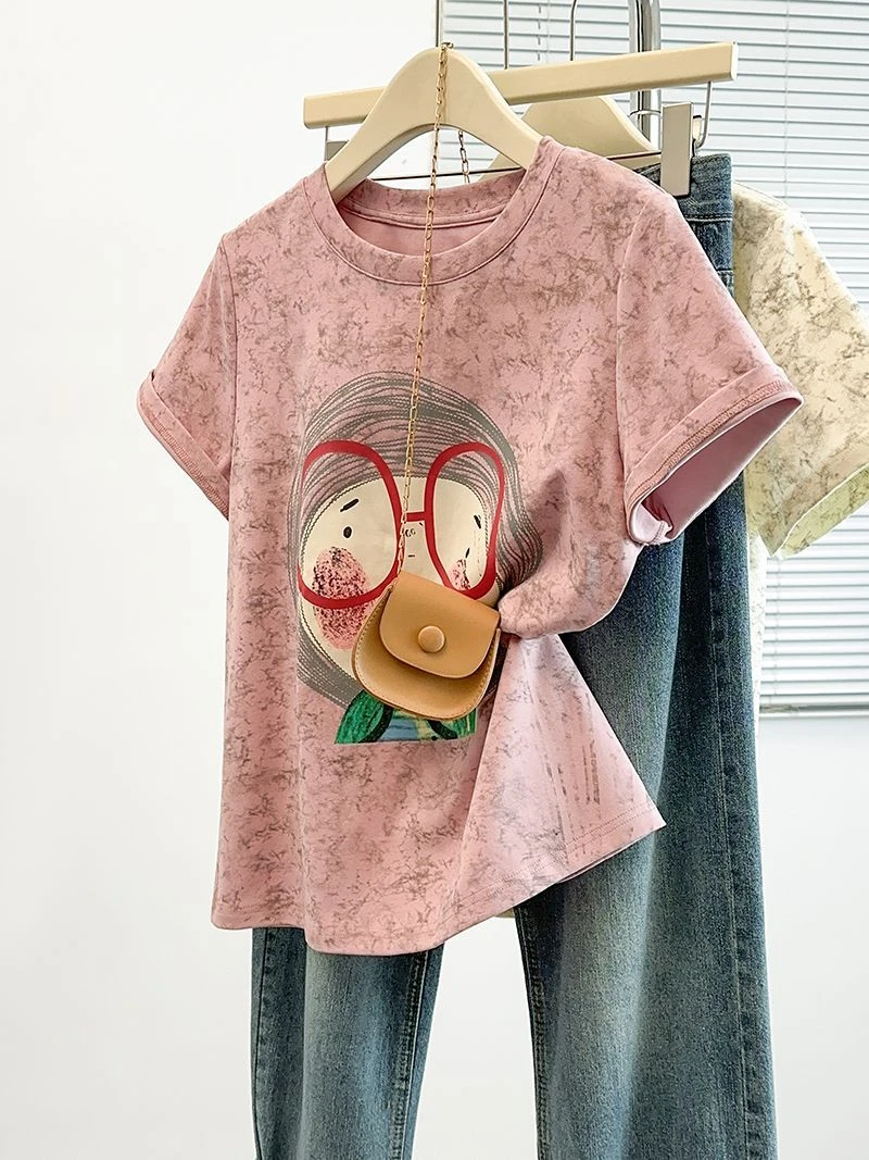 设计卡通印花扎染短袖T恤女夏季2025年新款大码宽松显瘦百搭上衣