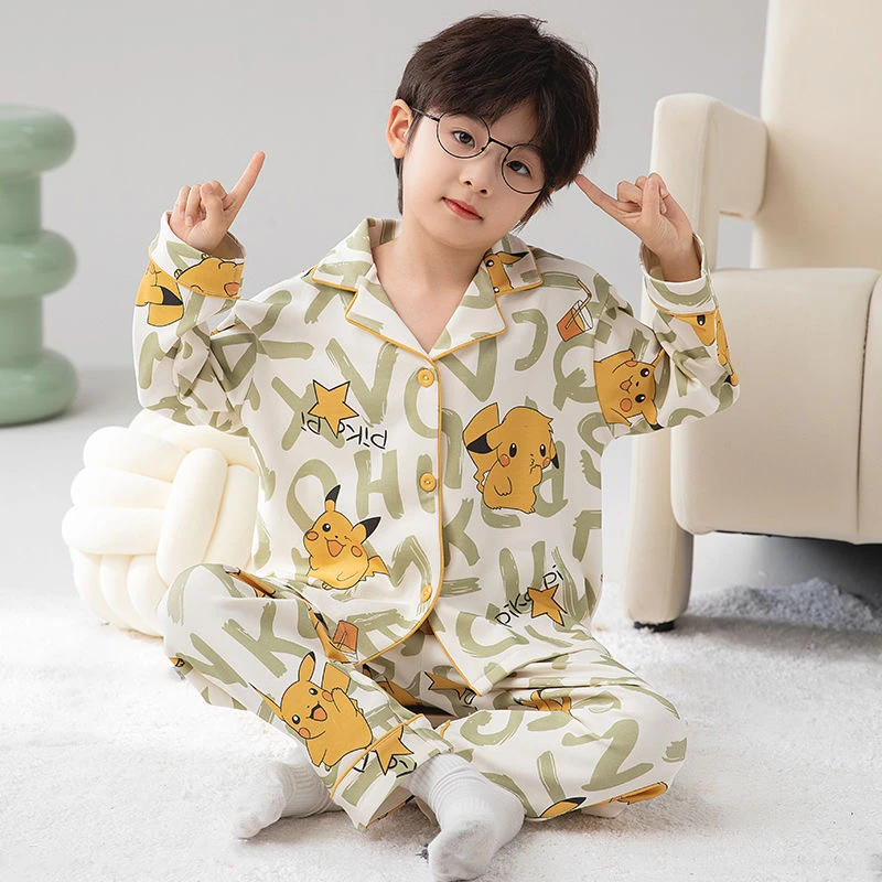 秋季新款宽松儿童睡衣开衫男孩中大童短袖薄款卡通男童家居服套装