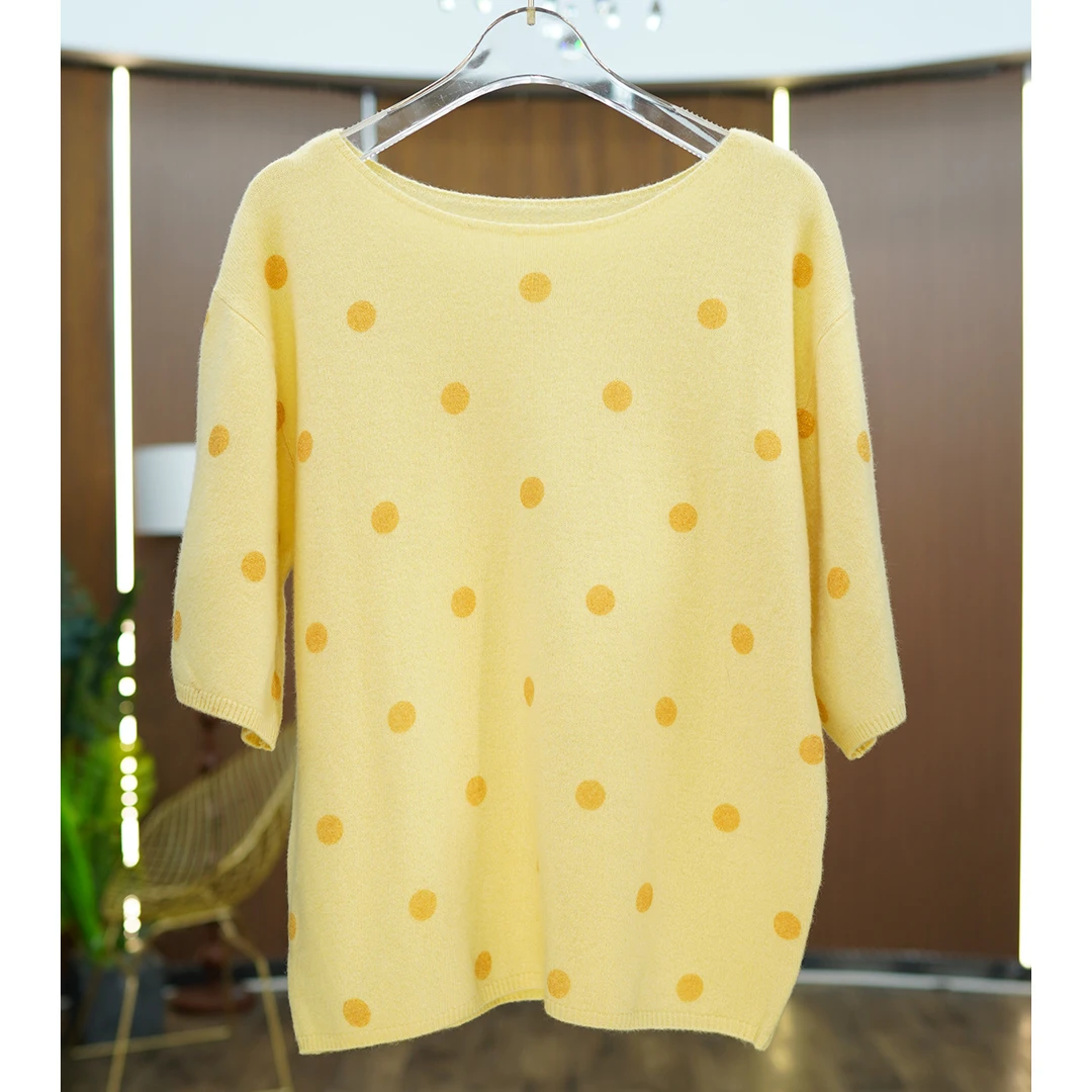 夏季宽松波点圆领短袖上衣文艺百搭休闲棉质T恤女针织时尚针织衫