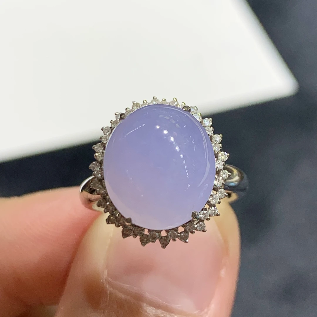 18k金天然A货翡翠精品冰紫紫罗兰蛋面戒指时尚轻奢精美