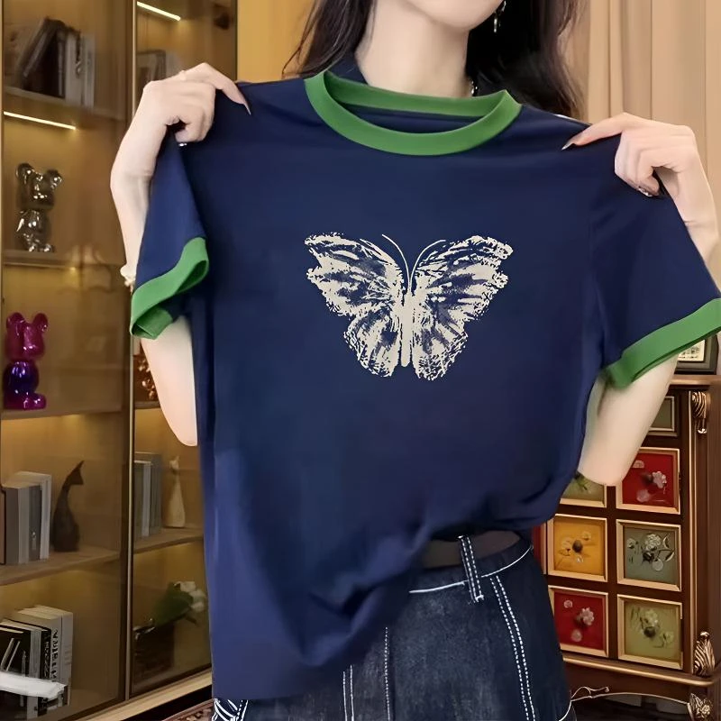 纯棉正肩显瘦撞色短袖t恤女士2025新爆款洋气印花时尚百搭上衣服