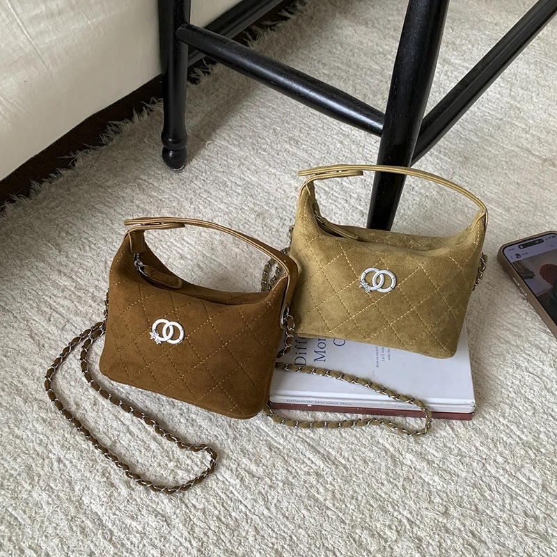 小香风菱格链条包包女2025新款秋冬复古麂皮绒手提百搭单肩斜挎包