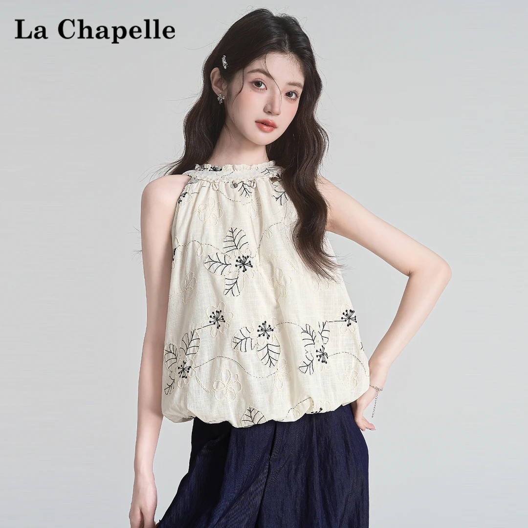 拉夏贝尔复古重工刺绣圆领花苞无袖上衣女设计感宽松吊带背心夏季