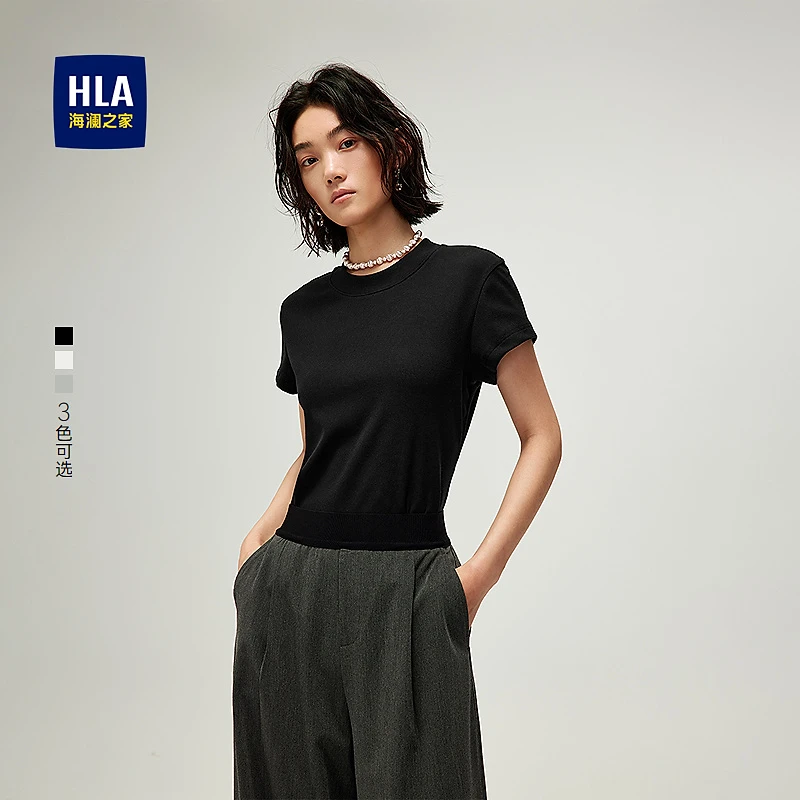 【弹力舒适】HLA海澜之家短袖T恤女25新圆领简约针织短袖女装春夏