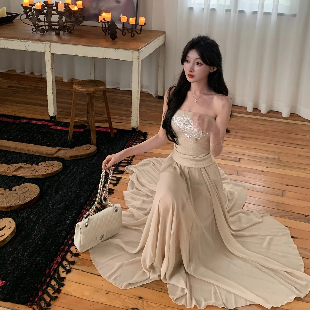 拼接亮片美背抹胸背心女夏季修身内搭设计感无袖外穿辣妹针织上衣