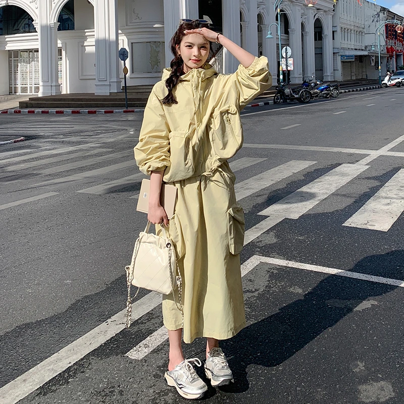 韩系时尚黄色工装套装裙女2025秋季新款休闲连帽外套半身裙两件套