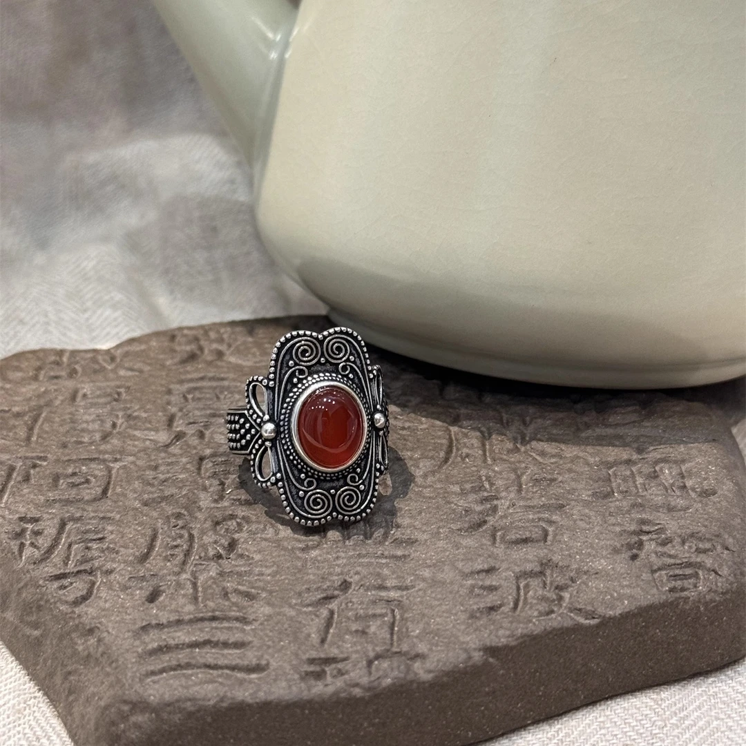 925银戒指 <秋梦>J12777 复古做旧小众旦形点豆古法掐丝开口戒指