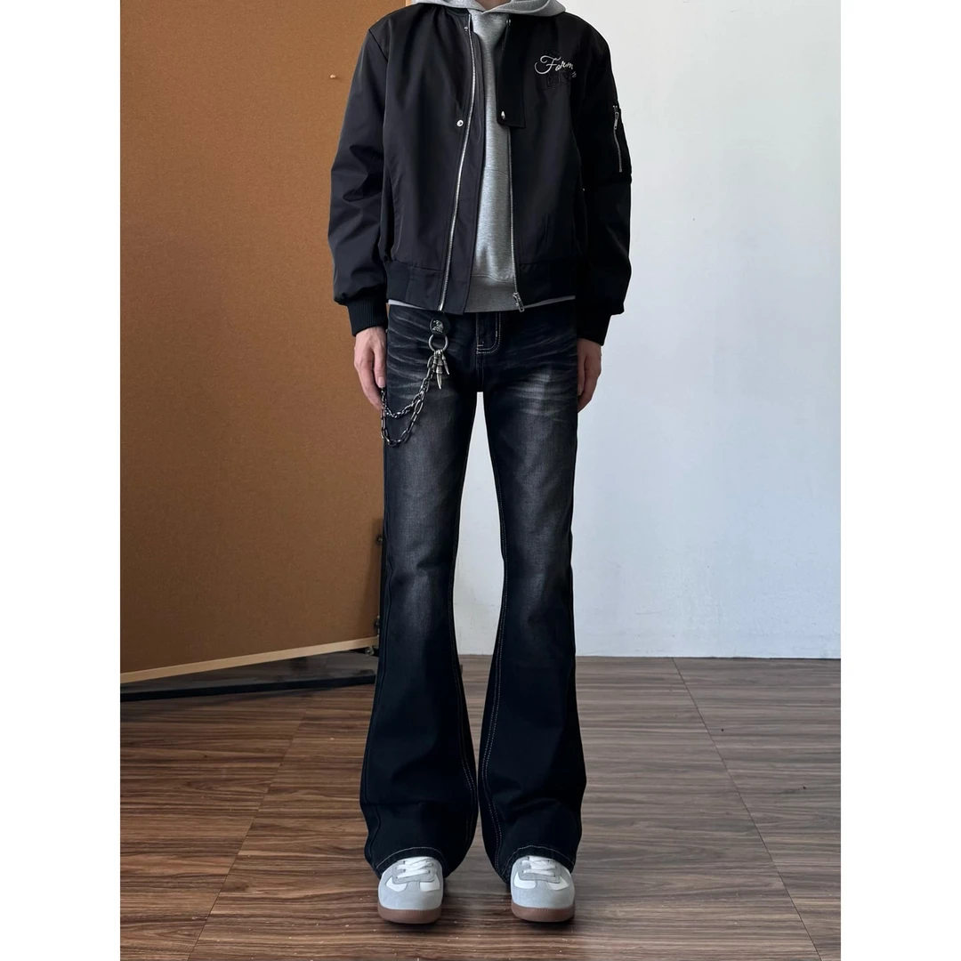 美式潮流水洗做旧牛仔裤高街ins潮直筒微喇显高长裤猫须裤子5785