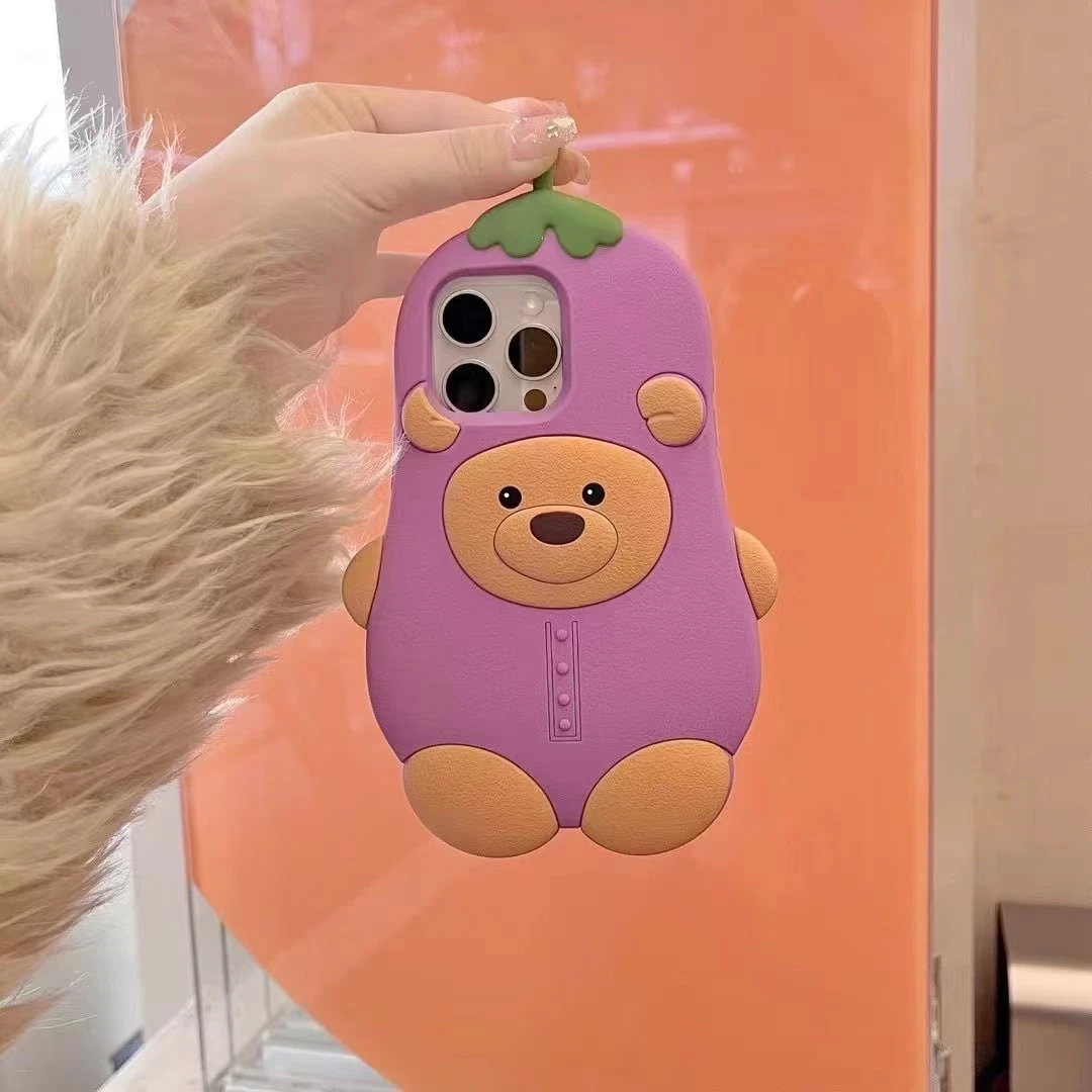 【苹果】立体茄子熊硅胶手机壳适用苹果iphone16promax软一体
