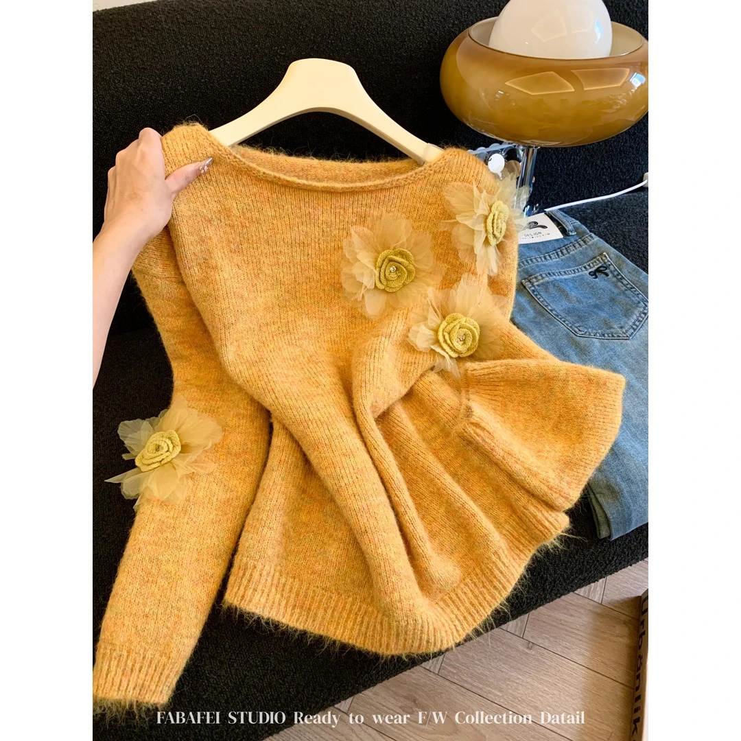 温柔风立体花朵黄色毛衣女2025秋冬款套头显瘦打底衫别致绝美上衣
