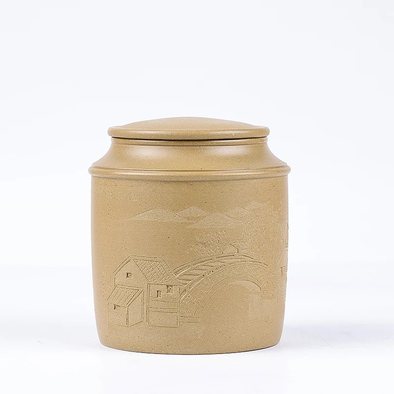 陶公粟原矿宝山绿泥江南水乡刻绘茶叶罐手制870cc紫砂醒茶罐大号