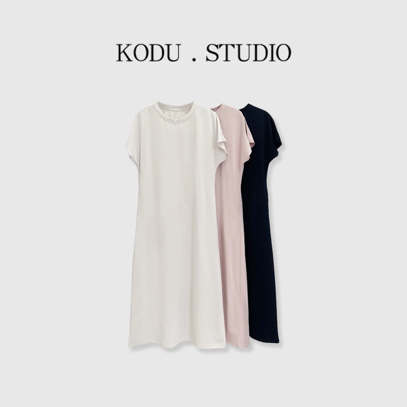 Y【刻度KODU】KD-5500夏季新款时尚百搭圆领柔软小飞袖长款连衣裙