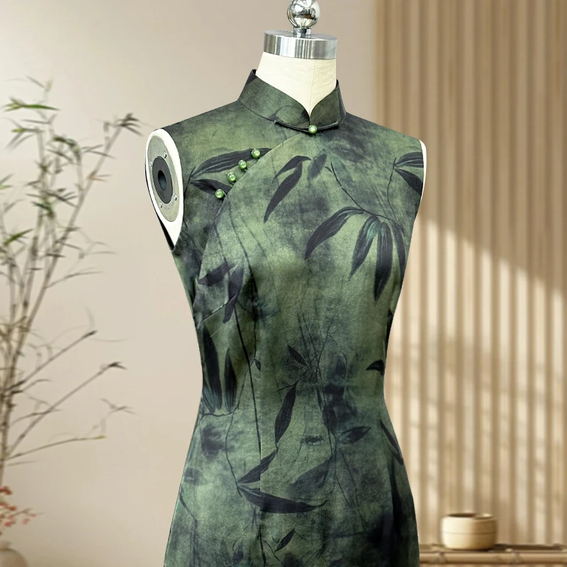 凝竹 玲珑娇高端港风旗袍真丝香云纱手工来去缝国风气质绿色日常