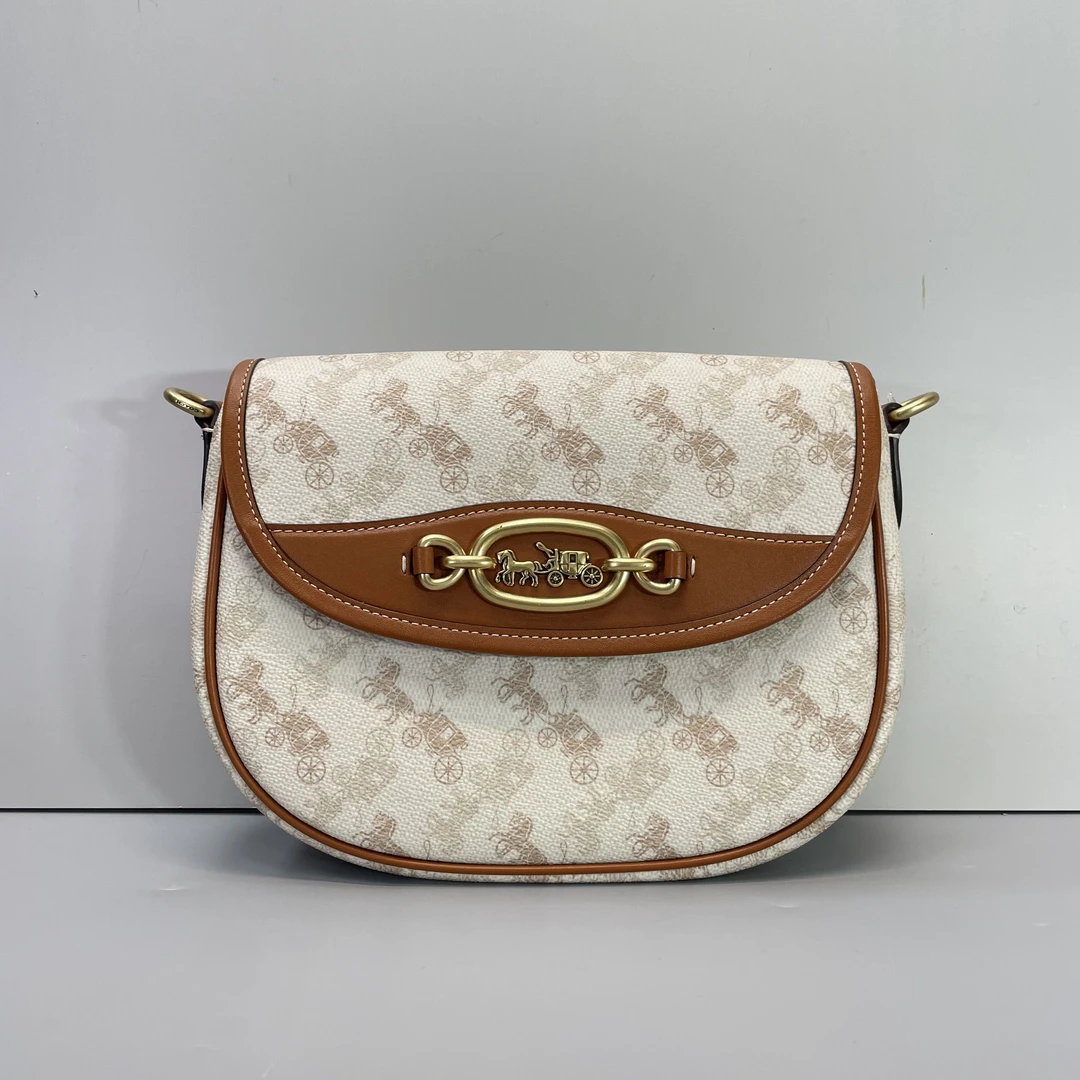 95新 COACH/蔻驰 harley白马车棕拼马鞍包22*18*7cmM040802