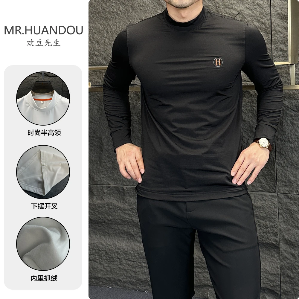 秋冬新款轻奢半高领纯色加绒保暖长袖打底衫男士弹力时尚修身T恤