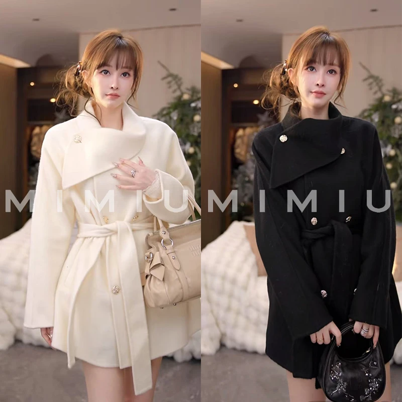 【mimius】七七 羊毛双面呢围领可收腰毛呢大衣 G12042