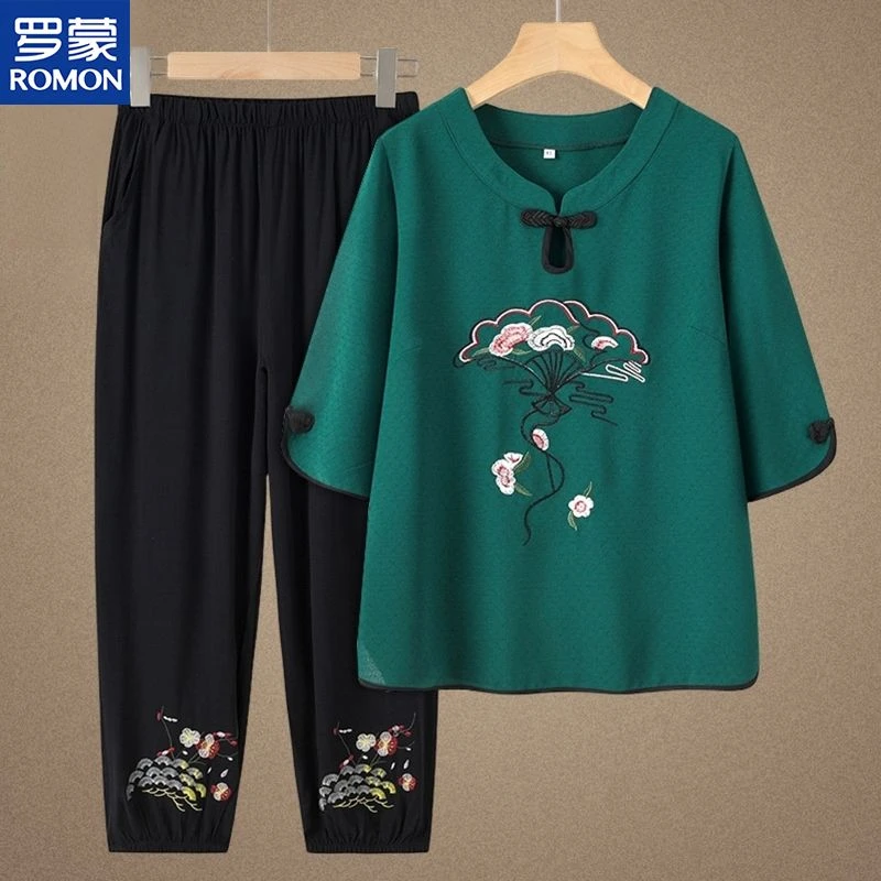 Romon/罗蒙妈妈夏装套装2025款老太太奶奶新中式老年人女装两件套