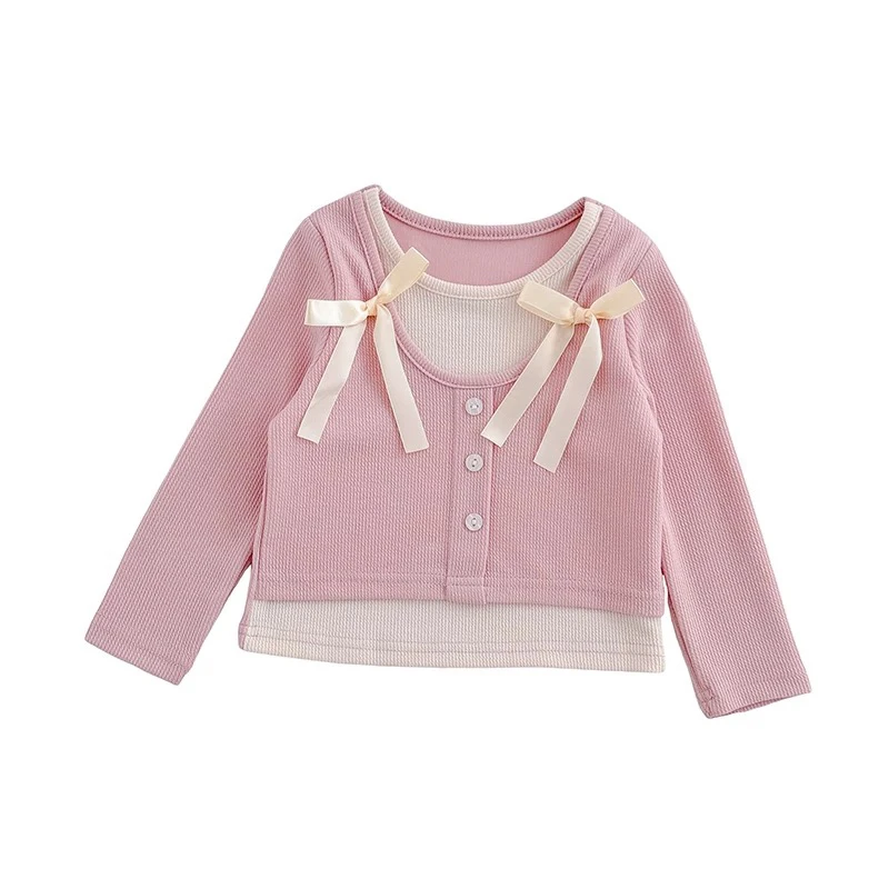 女童t恤长袖春装2025新款中小童甜美韩系上衣儿童春秋假两件衣服