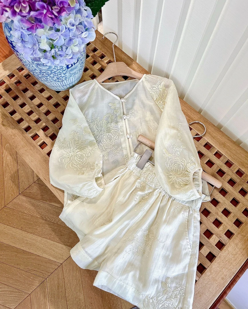 【CCM】新中式莱赛尔天丝刺绣衬衫女2025夏季新款国风洋气短裤套装