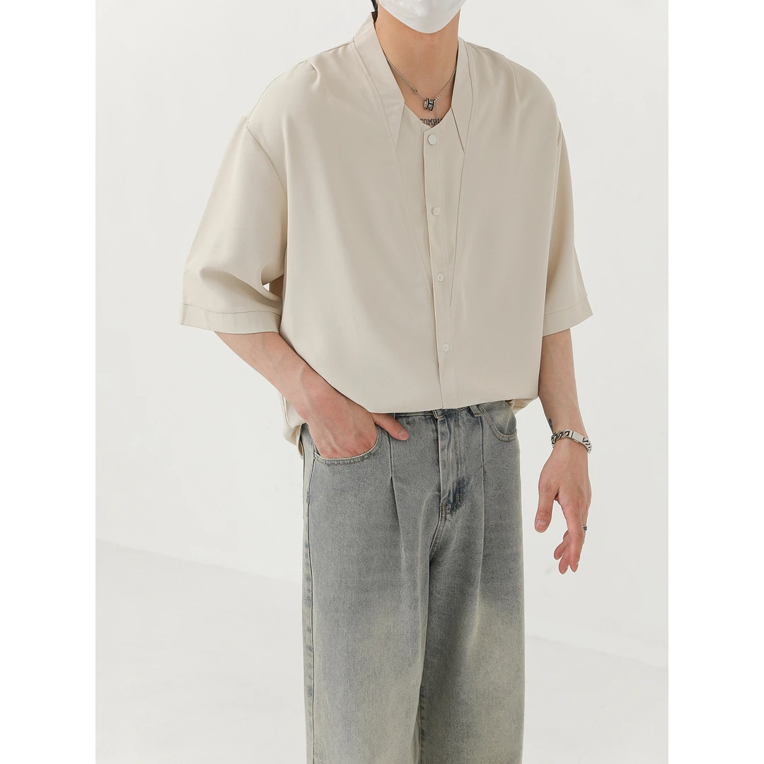 卓卓夏季上衣韩系宽松无领V领短袖衬衫男高级垂感免烫5五分袖衬衣