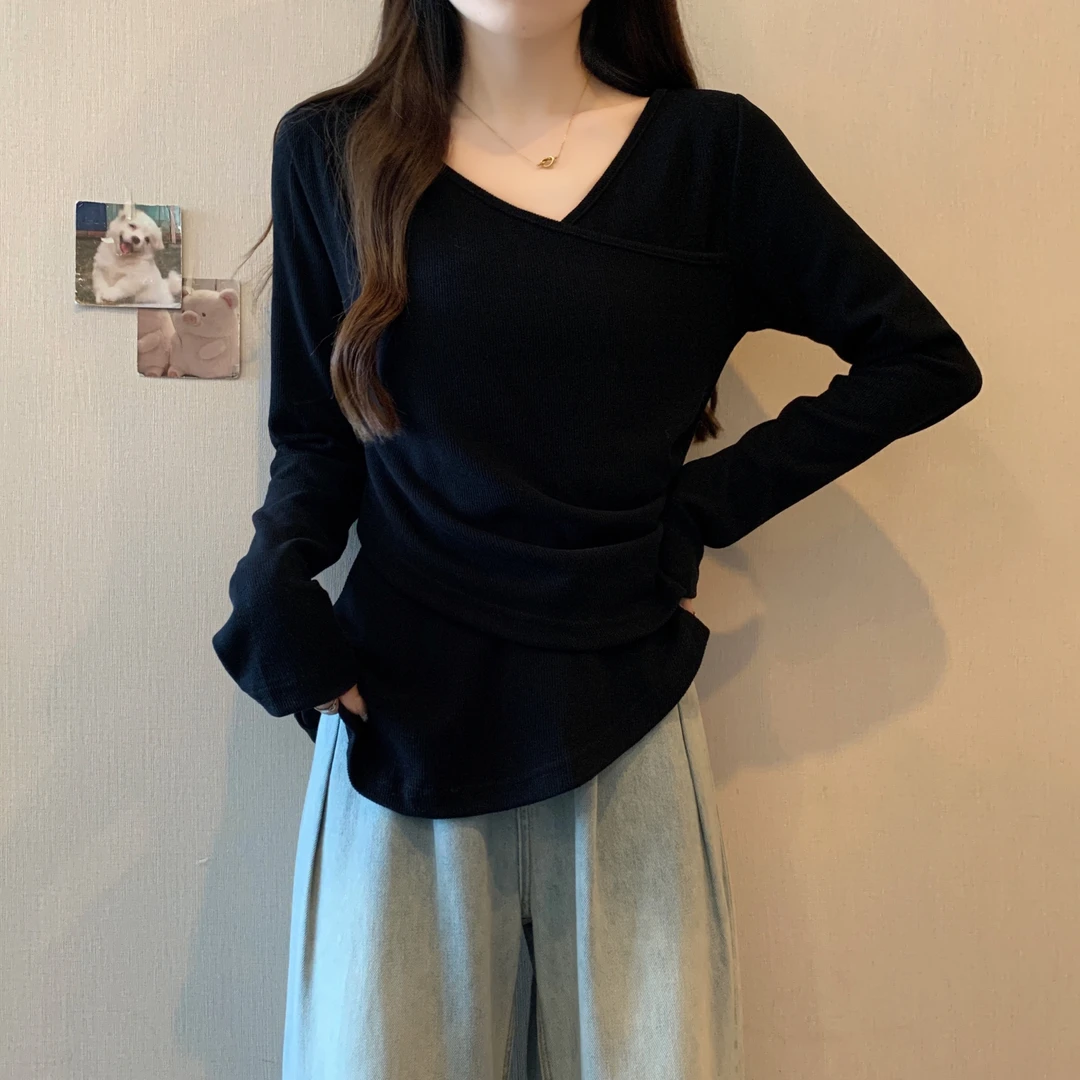 不规则V领长袖T恤女春季微胖妹妹大码小众设计感气质显瘦打底上衣