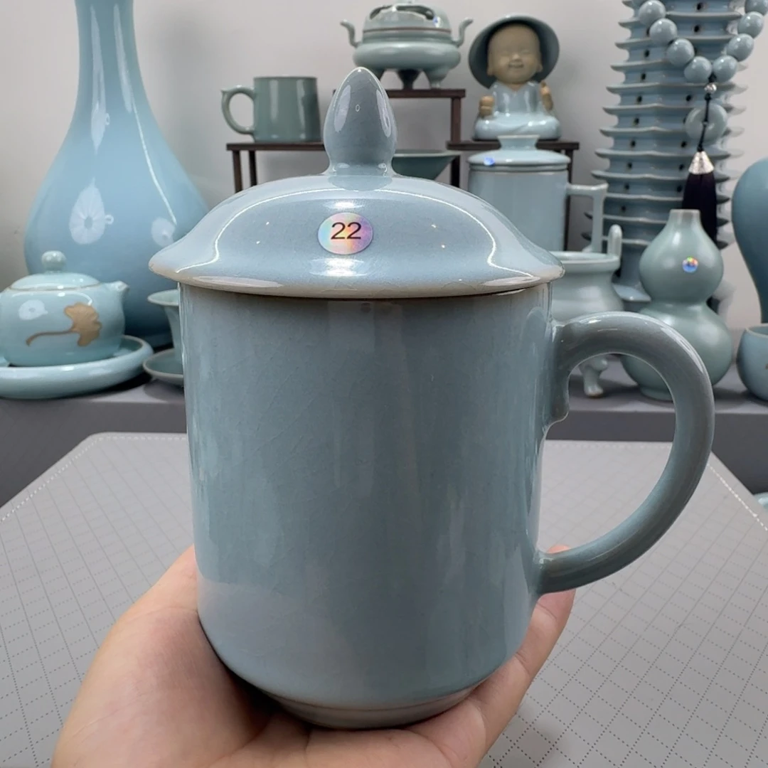 摆件汝窑天青釉办公杯两件套