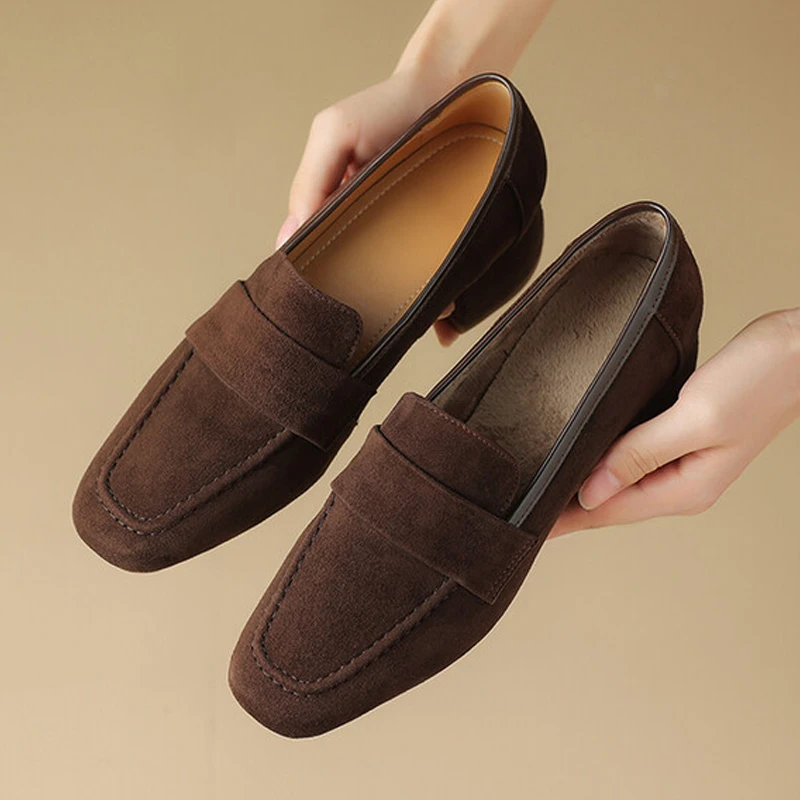 真皮时尚新款英伦风复古加绒保暖乐福鞋女百搭中跟粗跟方头单鞋子