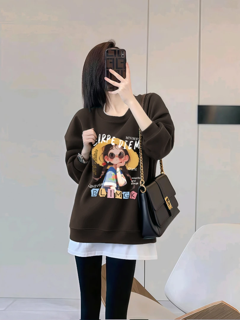 圆领卫衣女款秋冬2025新款宽松慵懒风显瘦长袖上衣冬季加绒外套女