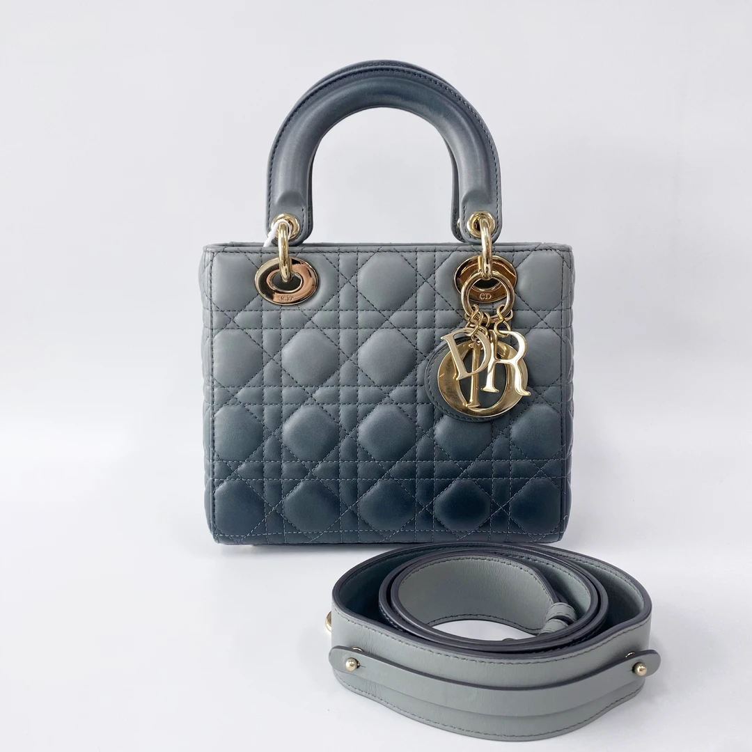 99新 DIOR/迪奥 99新 渐变灰金扣四格戴妃手提斜挎包