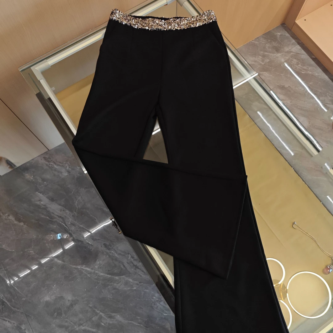 日常通用秋季新款重工珠片微喇长裤-3978