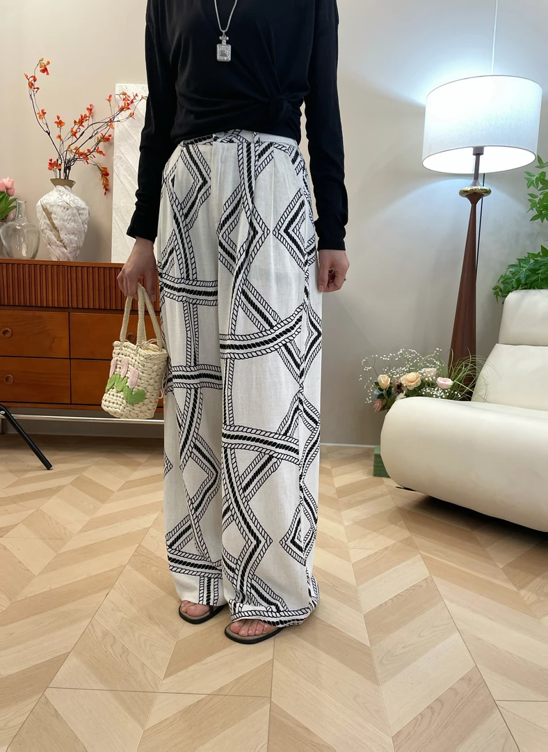 慵懒松弛感图案印花阔腿裤女2025夏季新款欧货洋气高腰显瘦休闲裤