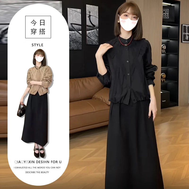 甜酷风独特洋气两件套女时髦精气质开衫衬衣高腰显瘦中长款半身裙