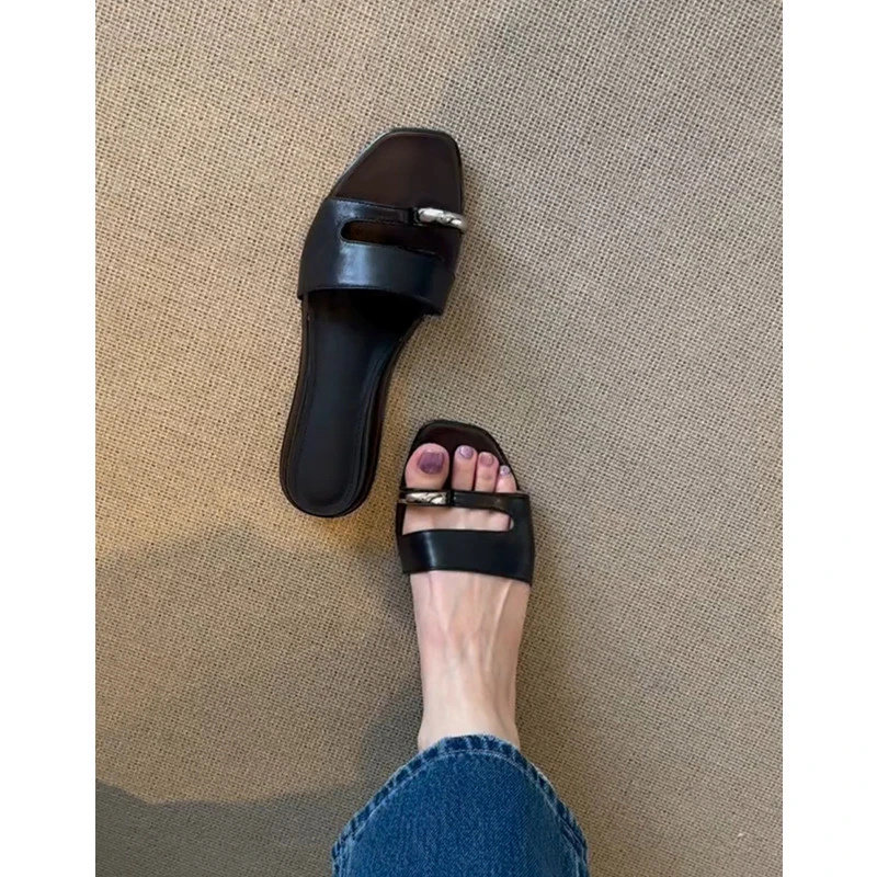 羊皮版~法式气质简约金属扣套趾平底一字拖拖鞋女百搭外穿凉拖鞋