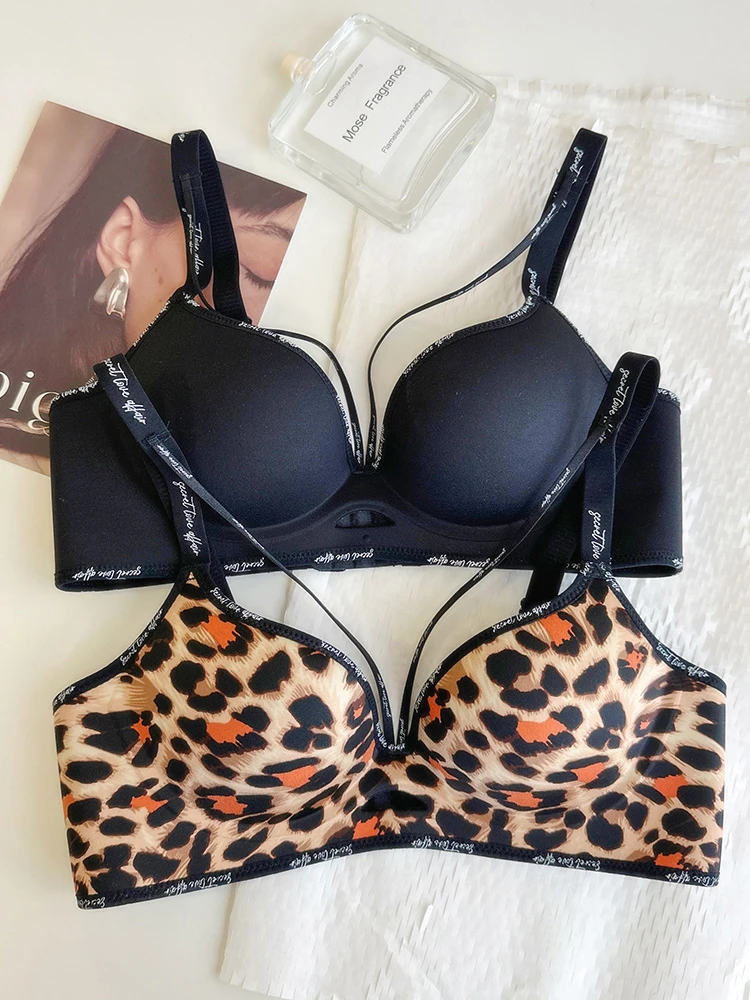 纯欲风性感豹纹内衣女小胸聚拢上托收副乳防下垂无痕调整型文胸罩