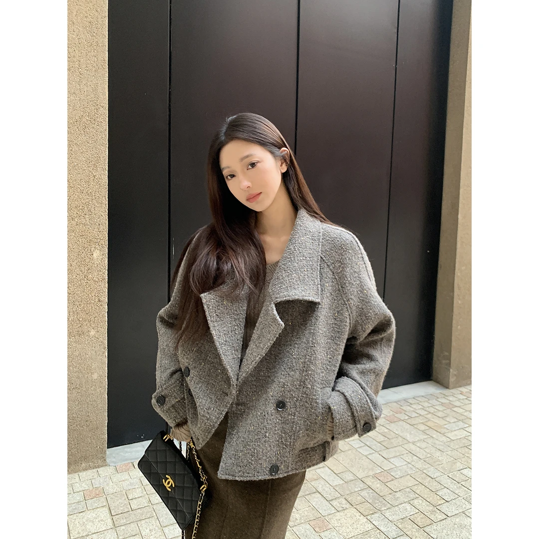 安酒月【雪中春信】灰色毛呢夹克外套绵羊毛混纺短大衣AJ4KMW10