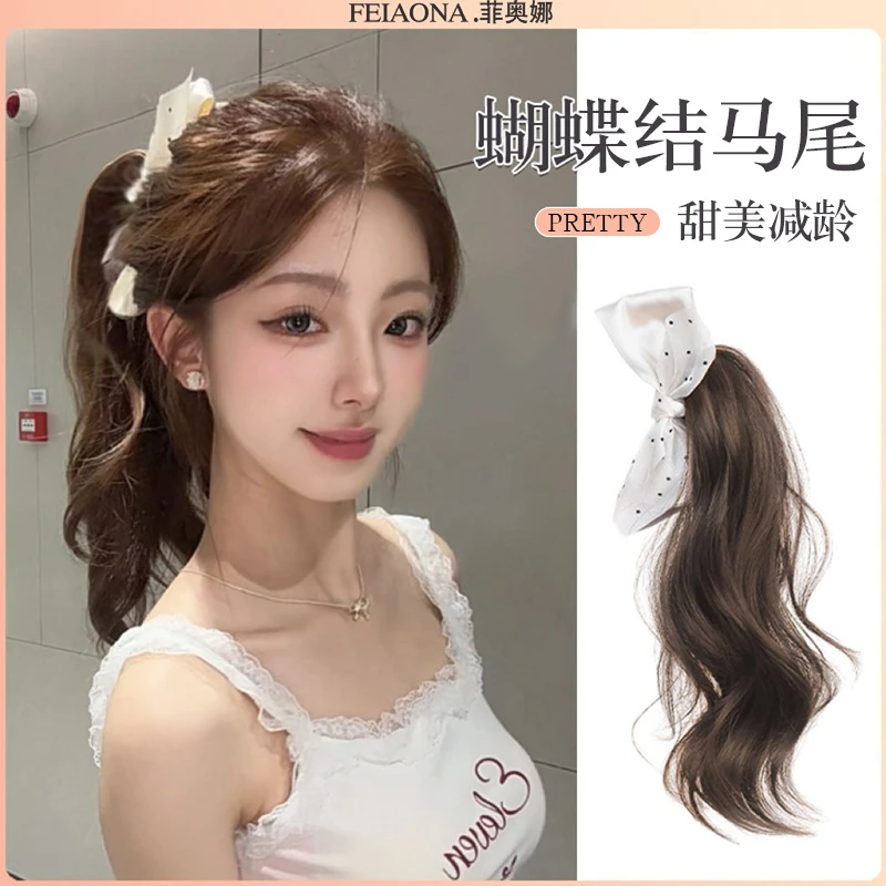 高扎波点蝴蝶结抓夹假发马尾蓬松波浪卷仿真长发网红时尚假发辫子