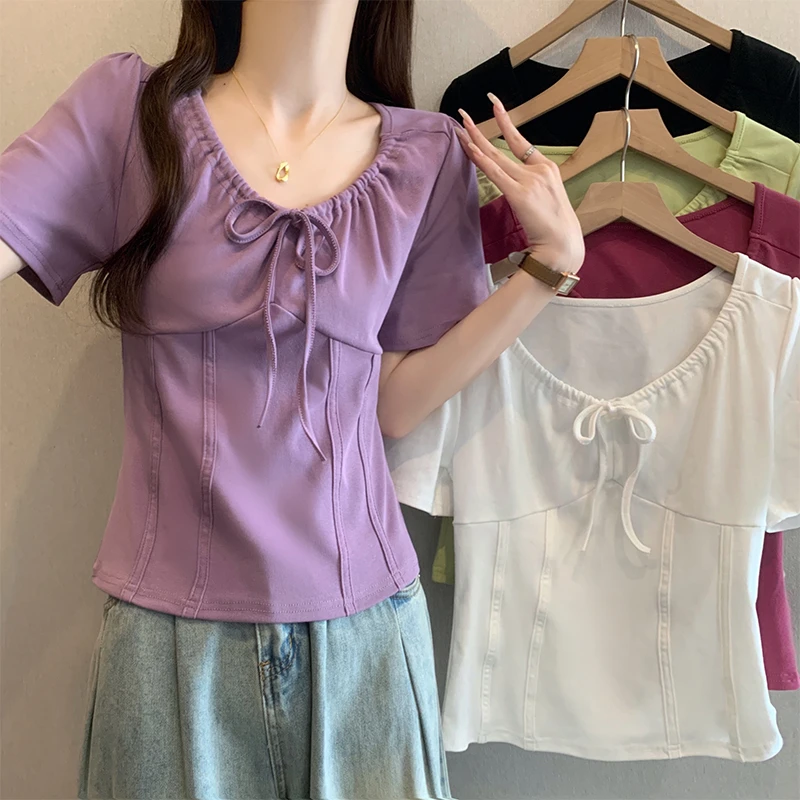 A大码胖mm法式V领正肩短袖T恤女夏2025新款遮肉显瘦减龄洋气上衣