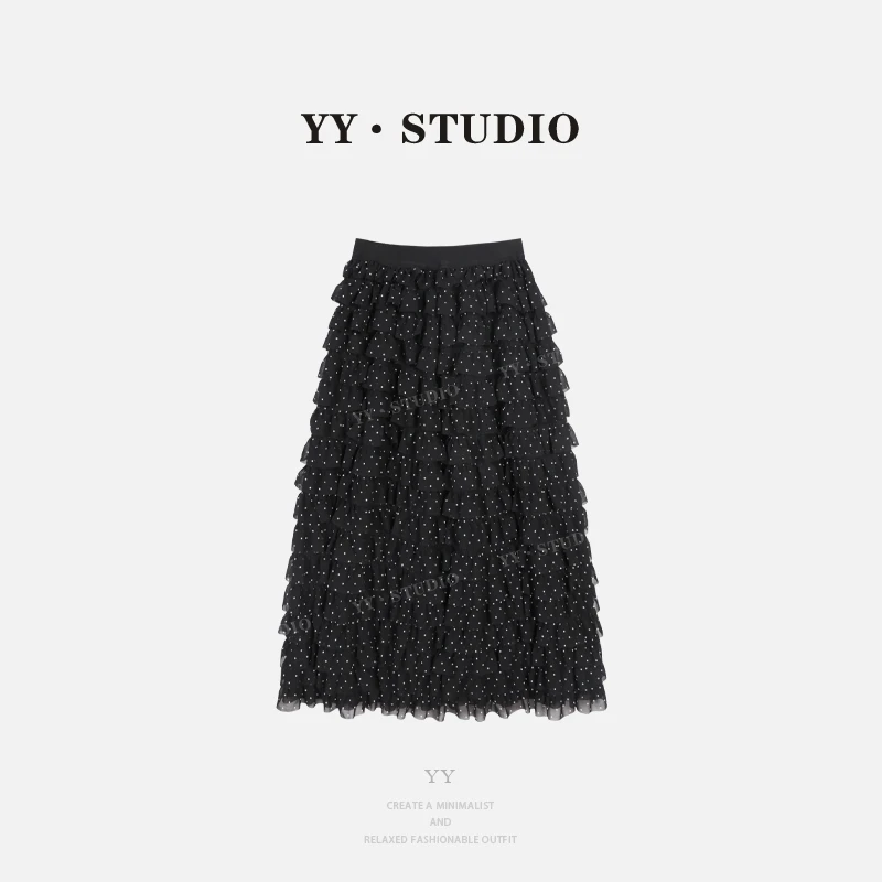 【赫本日记】显瘦气质松紧腰蛋糕波点网纱边半身裙YY-3856