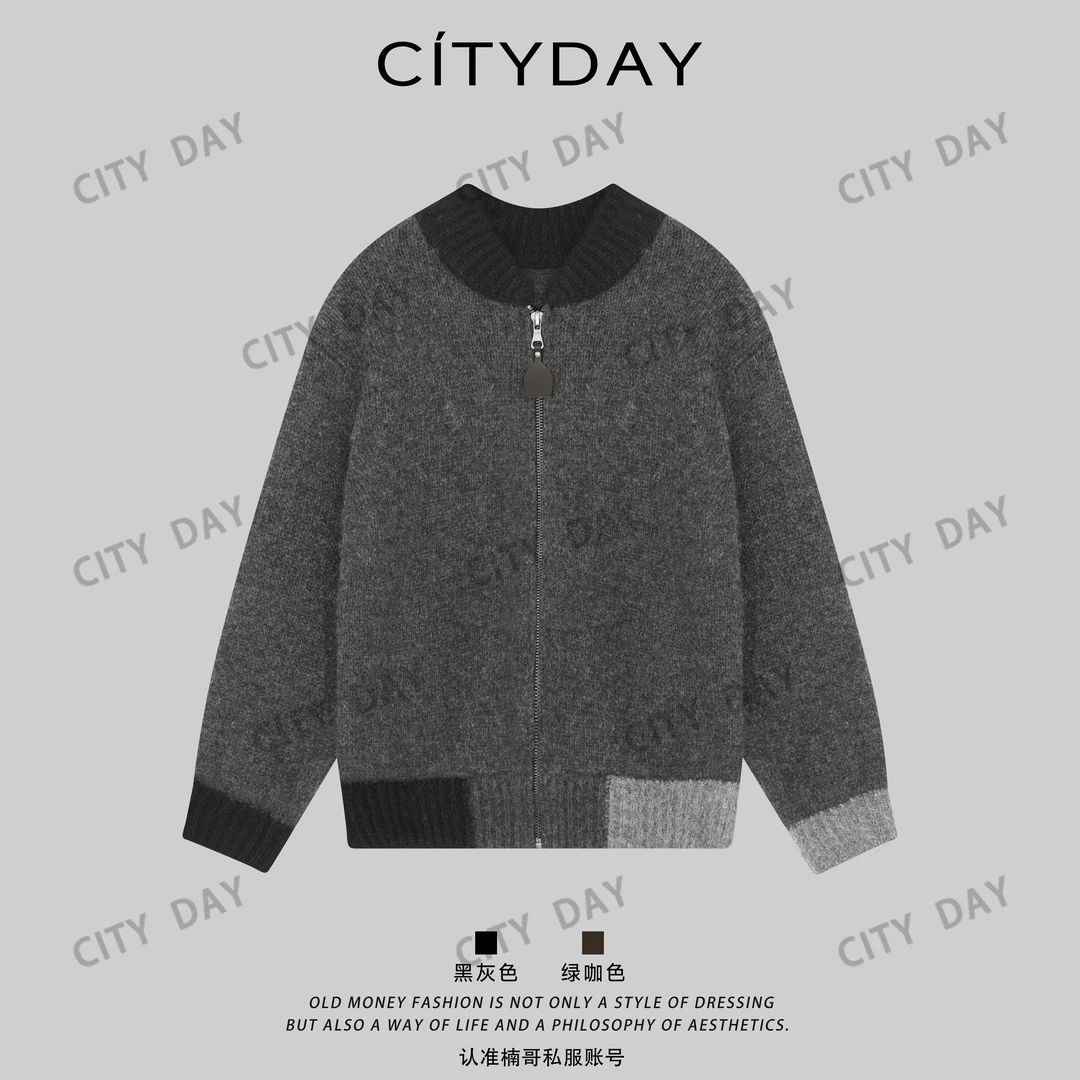 CityDay【楠哥】羊毛混纺拼色针织复古棒球夹克撞色外套 026