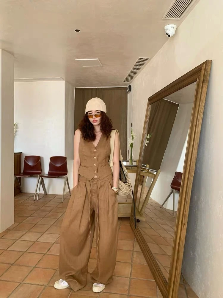 老钱风休闲马甲套装修身显瘦背心高腰垂感阔腿休闲裤两件套