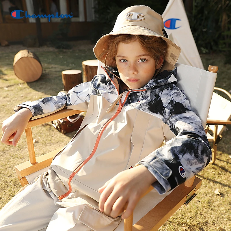 Champion冠军男童装2025春季新款复古潮流经典舒适连帽拼接外套