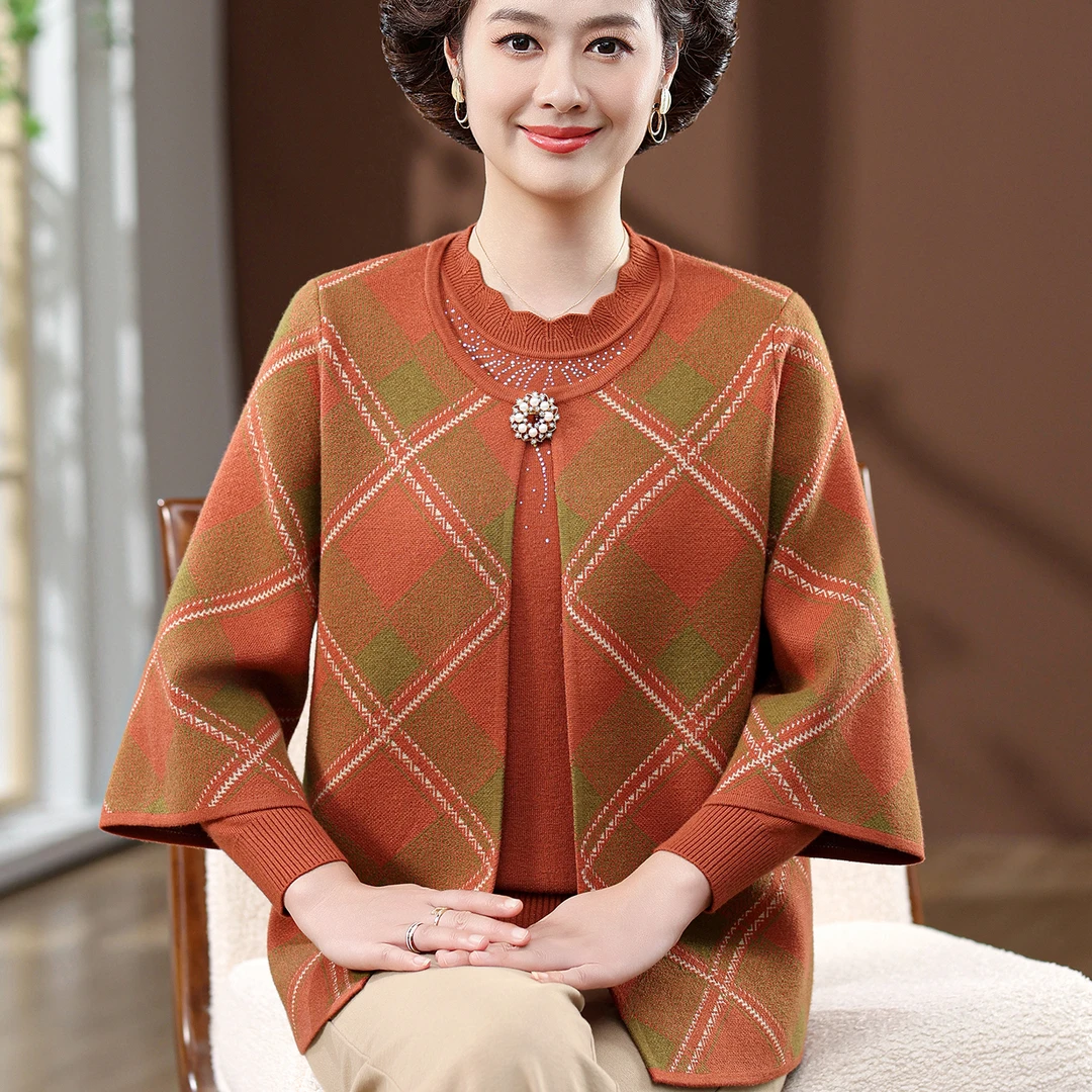 中年妈妈装秋装两件套上衣50岁针织毛衣开衫春秋短款外套气质套装