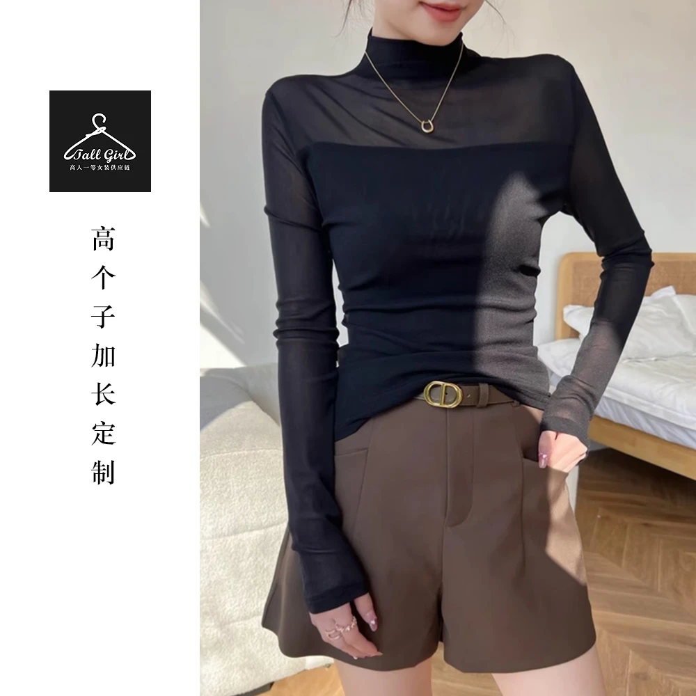 「小野猫」高个子港风半高领气质修身网纱打底衫长袖上衣