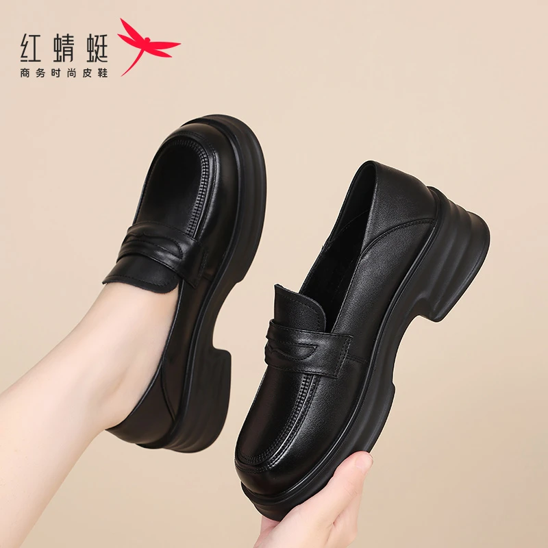 红蜻蜓女鞋2025春季新款软底一脚蹬小皮鞋厚底增高乐福鞋女真牛皮